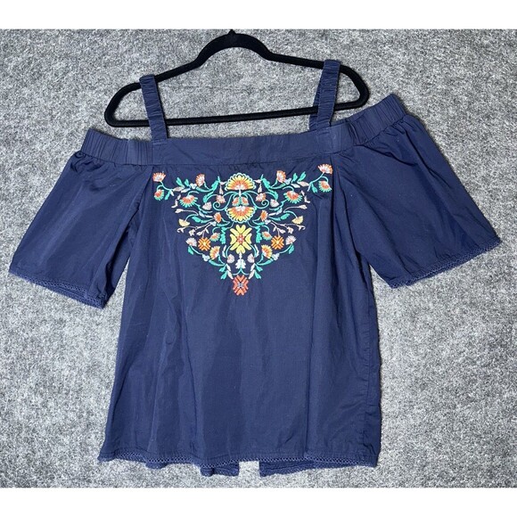 Democracy Top Womens Large Blue Off Shoulder Floral Embroidered Boho Modern - Picture 1 of 6